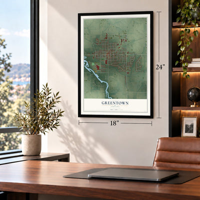 Greentown, Indiana map, 18 x 24 inch print in a black frame in a home office