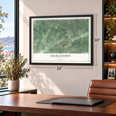 Charlestown, Pennsylvania map, 18 x 24 inch print in a black frame in a home office
