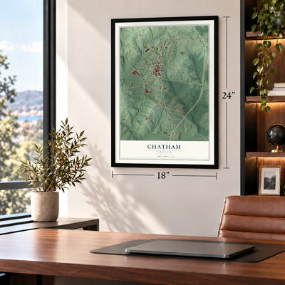 Chatham, Virginia map, 18 x 24 inch print in a black frame in a home office