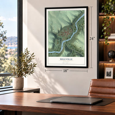 Millville, Minnesota map, 18 x 24 inch print in a black frame in a home office