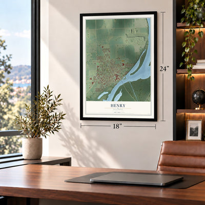 Henry, Illinois map, 18 x 24 inch print in a black frame in a home office