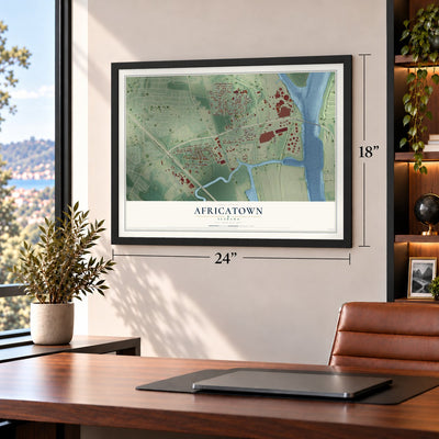 Africatown, Alabama map, 18 x 24 inch print in a black frame in a home office