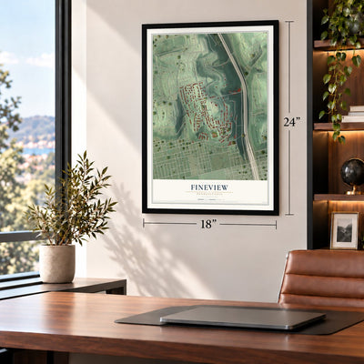 Fineview, Pennsylvania map, 18 x 24 inch print in a black frame in a home office