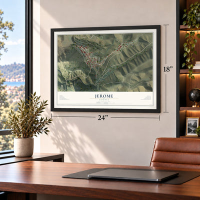 Jerome, Arizona map, 18 x 24 inch print in a black frame in a home office