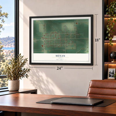 Menan, Idaho map, 18 x 24 inch print in a black frame in a home office