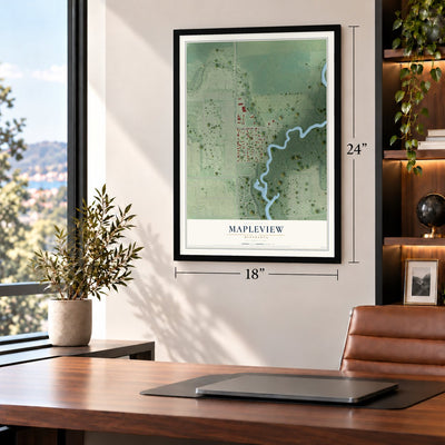 Mapleview, Minnesota map, 18 x 24 inch print in a black frame in a home office