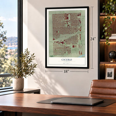 Cicero, Illinois map, 18 x 24 inch print in a black frame in a home office