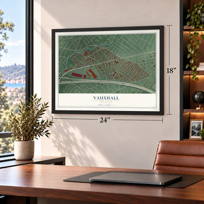 Vauxhall, New Jersey map, 18 x 24 inch print in a black frame in a home office