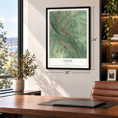 Crane, Missouri map, 18 x 24 inch print in a black frame in a home office