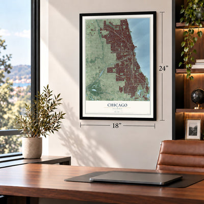 Chicago, Illinois map, 18 x 24 inch print in a black frame in a home office
