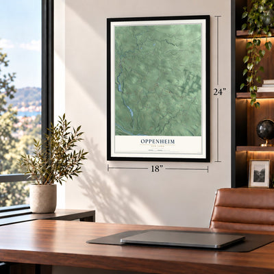 Oppenheim, New York map, 18 x 24 inch print in a black frame in a home office