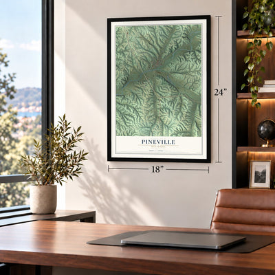 Pineville, Missouri map, 18 x 24 inch print in a black frame in a home office