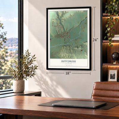 Hotchkiss, Colorado map, 18 x 24 inch print in a black frame in a home office