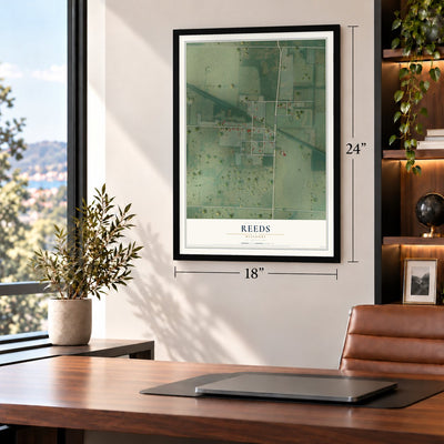 Reeds, Missouri map, 18 x 24 inch print in a black frame in a home office