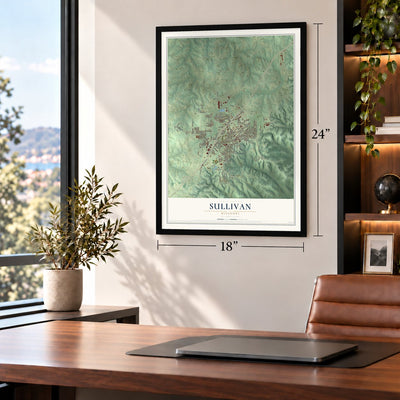 Sullivan, Missouri map, 18 x 24 inch print in a black frame in a home office