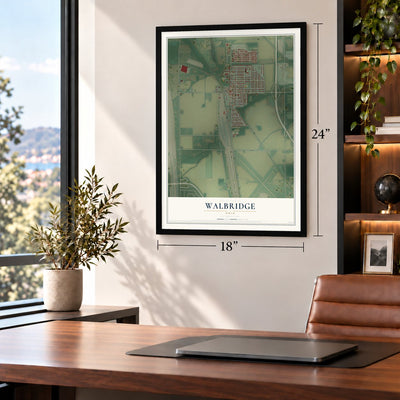 Walbridge, Ohio map, 18 x 24 inch print in a black frame in a home office