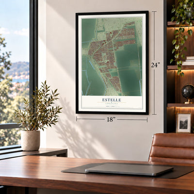 Estelle, Louisiana map, 18 x 24 inch print in a black frame in a home office