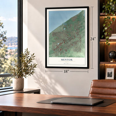 Mentor, Ohio map, 18 x 24 inch print in a black frame in a home office