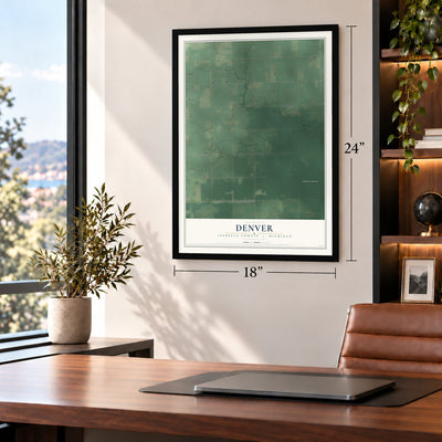 Denver, Isabella County, Michigan map, 18 x 24 inch print in a black frame in a home office