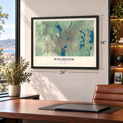 Winchester, Massachusetts map, 18 x 24 inch print in a black frame in a home office