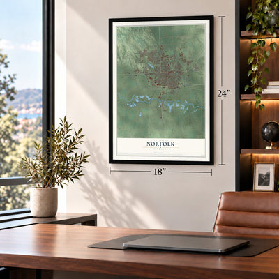 Norfolk, Nebraska map, 18 x 24 inch print in a black frame in a home office