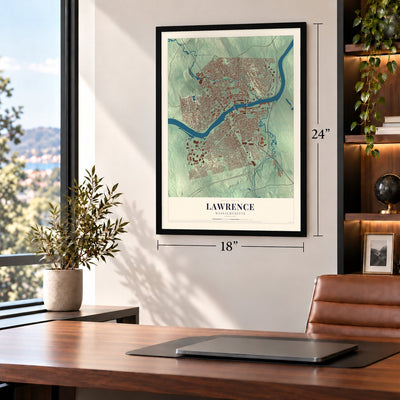 Lawrence, Massachusetts map, 18 x 24 inch print in a black frame in a home office