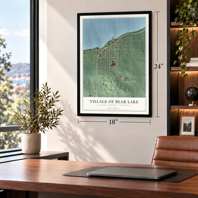 Bear Lake, Michigan map, 18 x 24 inch print in a black frame in a home office