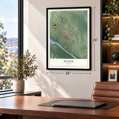 Wisner, Nebraska map, 18 x 24 inch print in a black frame in a home office