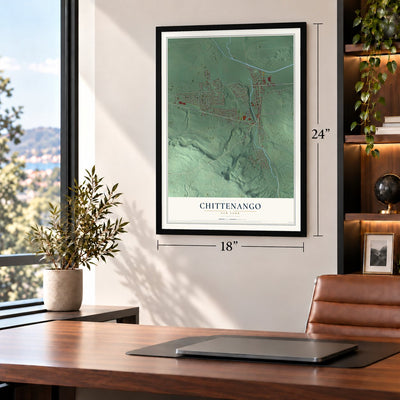 Chittenango, New York map, 18 x 24 inch print in a black frame in a home office