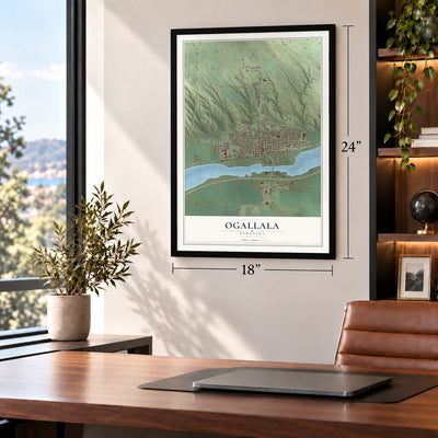 Ogallala, Nebraska map, 18 x 24 inch print in a black frame in a home office
