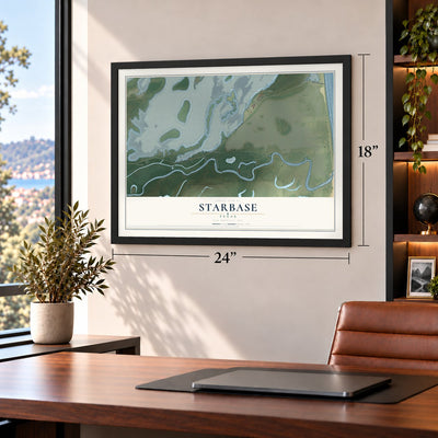 Starbase, Texas map, 18 x 24 inch print in a black frame in a home office
