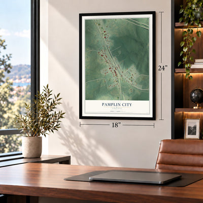 Pamplin City, Virginia map, 18 x 24 inch print in a black frame in a home office