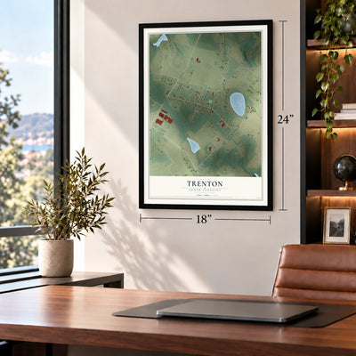 Trenton, South Carolina map, 18 x 24 inch print in a black frame in a home office