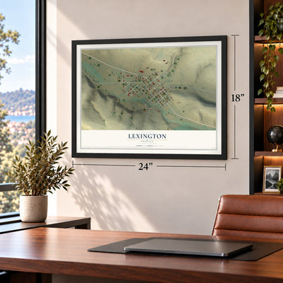 Lexington, Oregon map, 18 x 24 inch print in a black frame in a home office