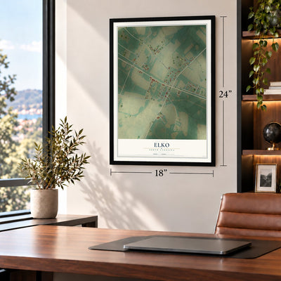 Elko, South Carolina map, 18 x 24 inch print in a black frame in a home office
