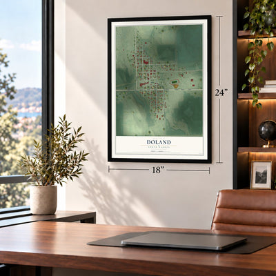 Doland, South Dakota map, 18 x 24 inch print in a black frame in a home office
