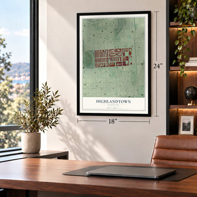 Highlandtown, Maryland map, 18 x 24 inch print in a black frame in a home office