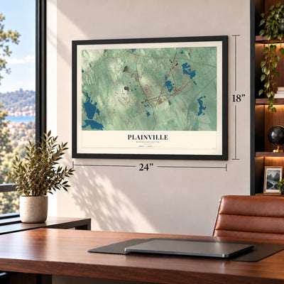 Plainville, Massachusetts map, 18 x 24 inch print in a black frame in a home office