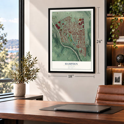 Hampden, Maryland map, 18 x 24 inch print in a black frame in a home office