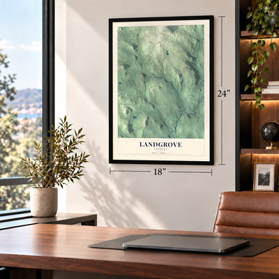 Landgrove, Vermont map, 18 x 24 inch print in a black frame in a home office