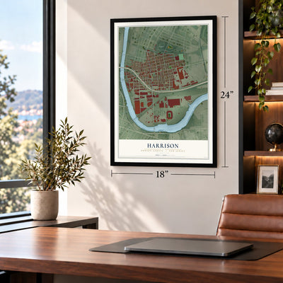 Harrison, Hudson County, New Jersey map, 18 x 24 inch print in a black frame in a home office