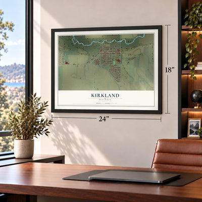 Kirkland, Illinois map, 18 x 24 inch print in a black frame in a home office