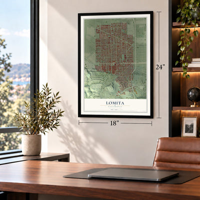 Lomita, California map, 18 x 24 inch print in a black frame in a home office