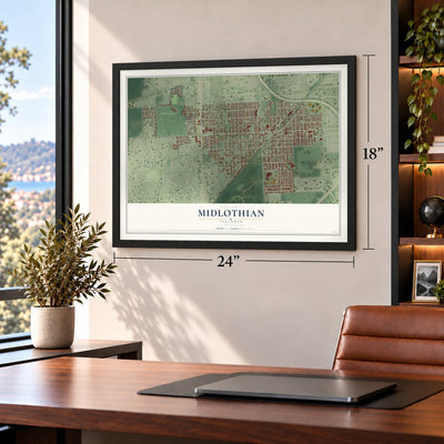Midlothian, Illinois map, 18 x 24 inch print in a black frame in a home office