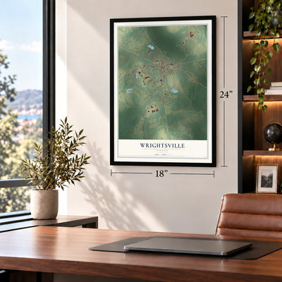 Wrightsville, Georgia map, 18 x 24 inch print in a black frame in a home office