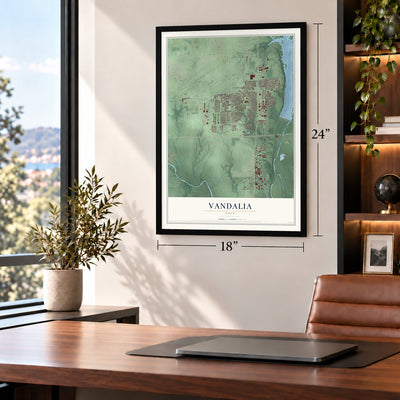 Vandalia, Ohio map, 18 x 24 inch print in a black frame in a home office