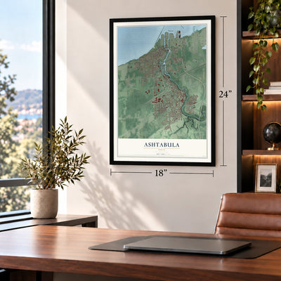 Ashtabula, Ohio map, 18 x 24 inch print in a black frame in a home office