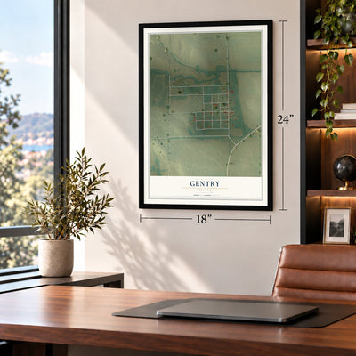 Gentry, Missouri map, 18 x 24 inch print in a black frame in a home office
