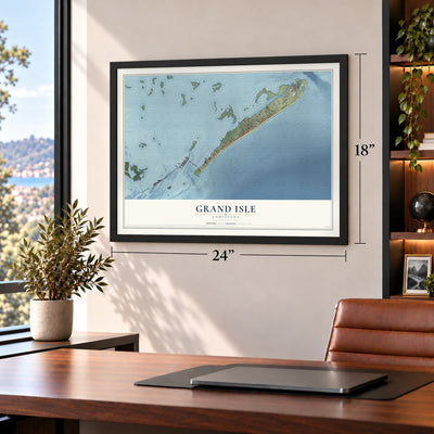 Grand Isle, Louisiana map, 18 x 24 inch print in a black frame in a home office