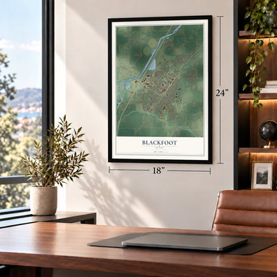 Blackfoot, Idaho map, 18 x 24 inch print in a black frame in a home office